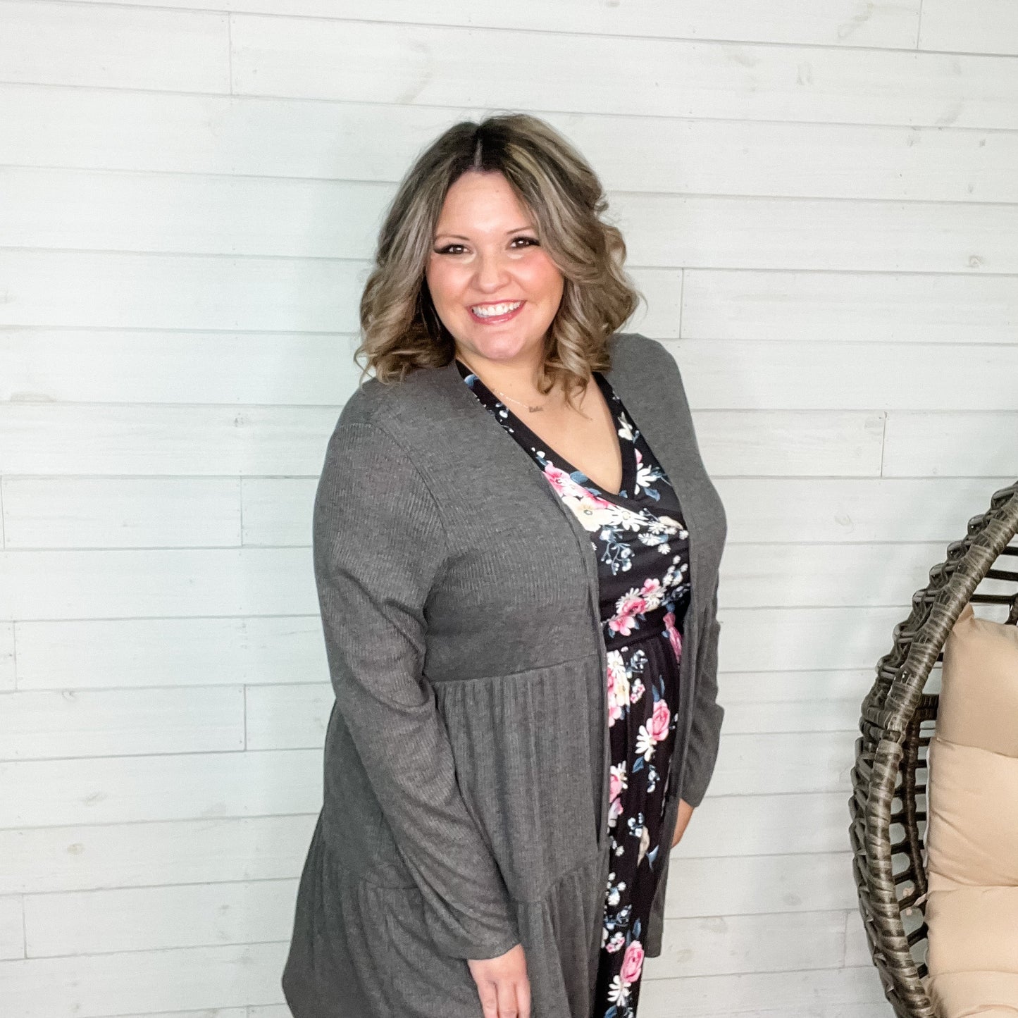 "Kennedy" Ruffle Tier Cardigan. (Charcoal)