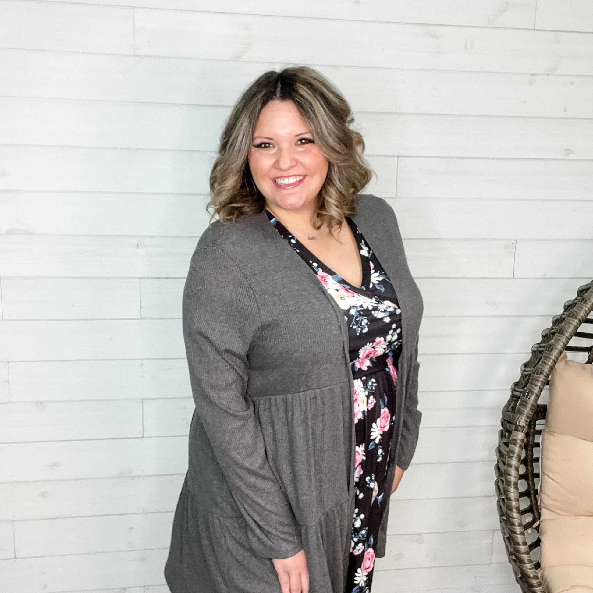 "Kennedy" Ruffle Tier Cardigan. (Charcoal)