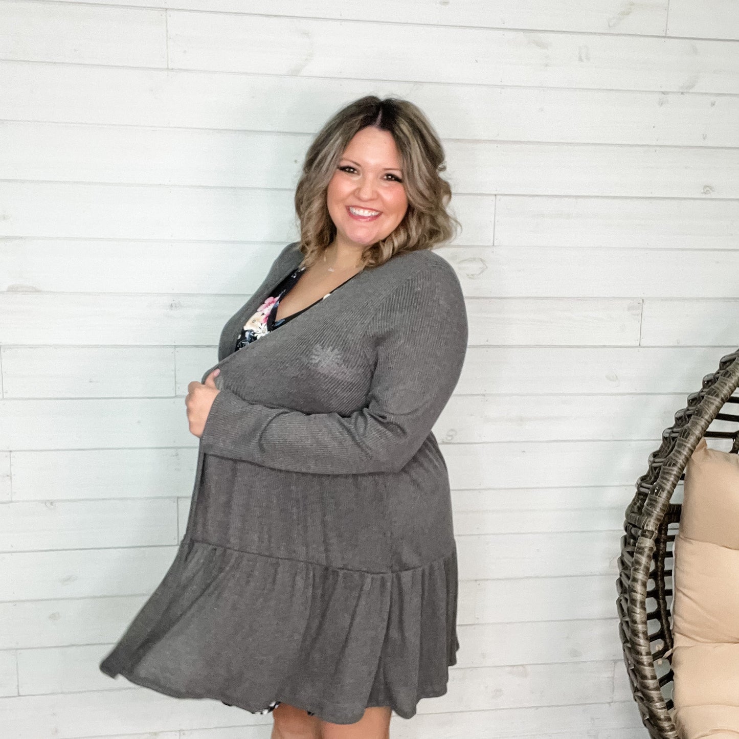 "Kennedy" Ruffle Tier Cardigan. (Charcoal)