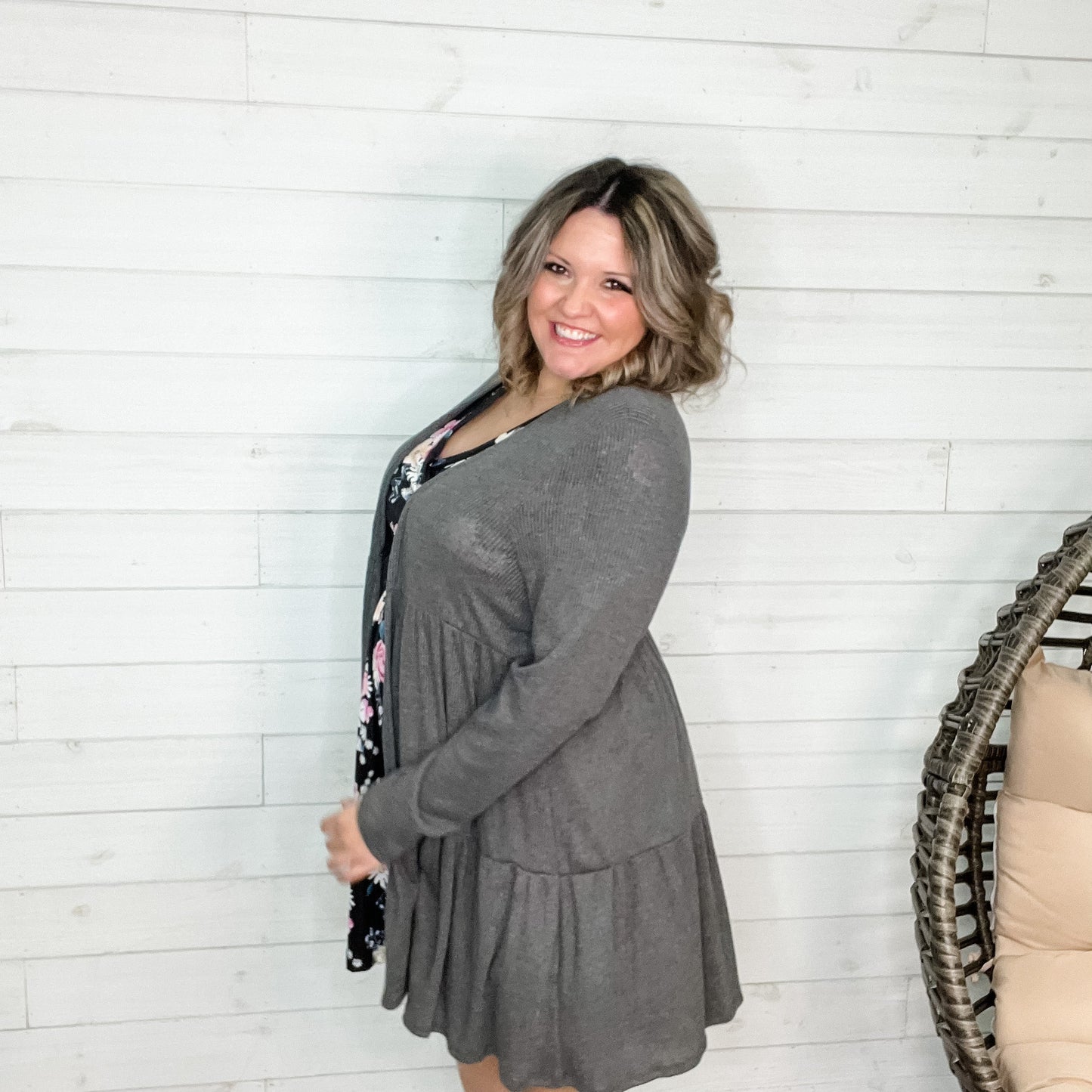 "Kennedy" Ruffle Tier Cardigan. (Charcoal)