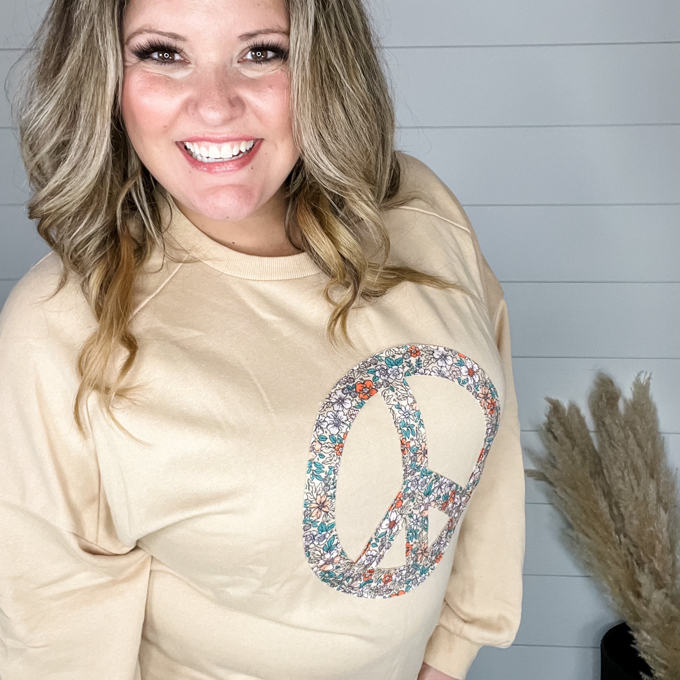 Khaki "Peace" Long Sleeve Crewneck-Lola Monroe Boutique