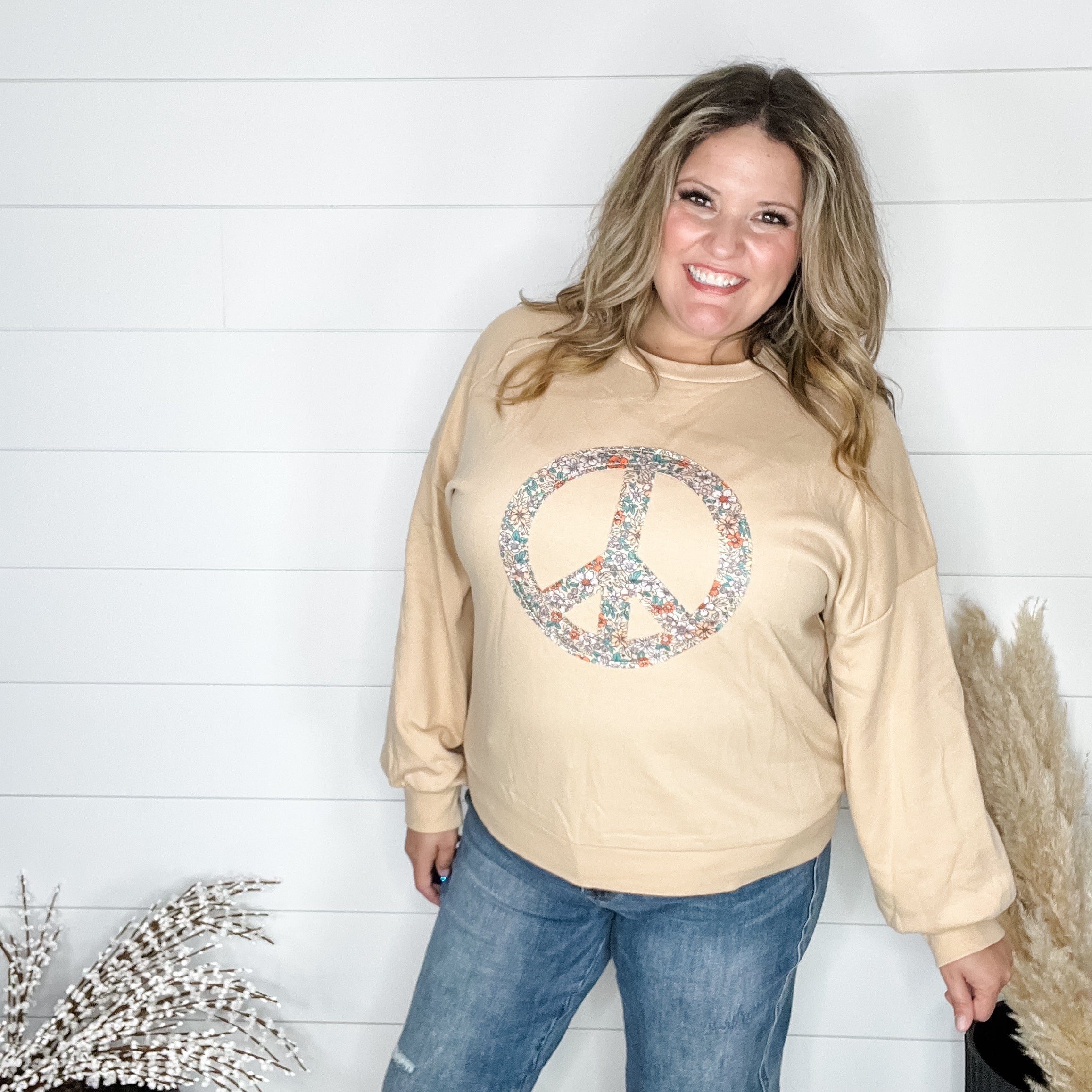 Khaki "Peace" Long Sleeve Crewneck-Lola Monroe Boutique