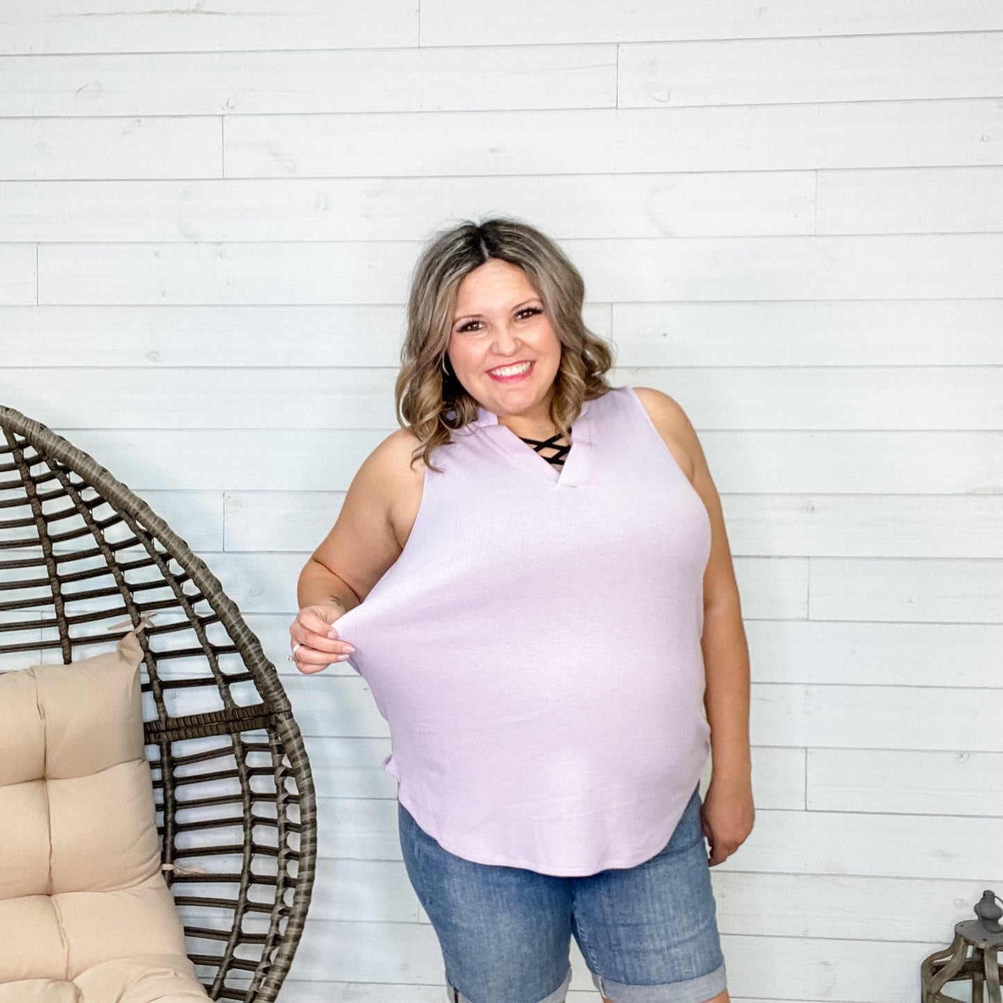 "Kimberlee" Waffle Texture Split Neck Tank (Pink, Lavender)