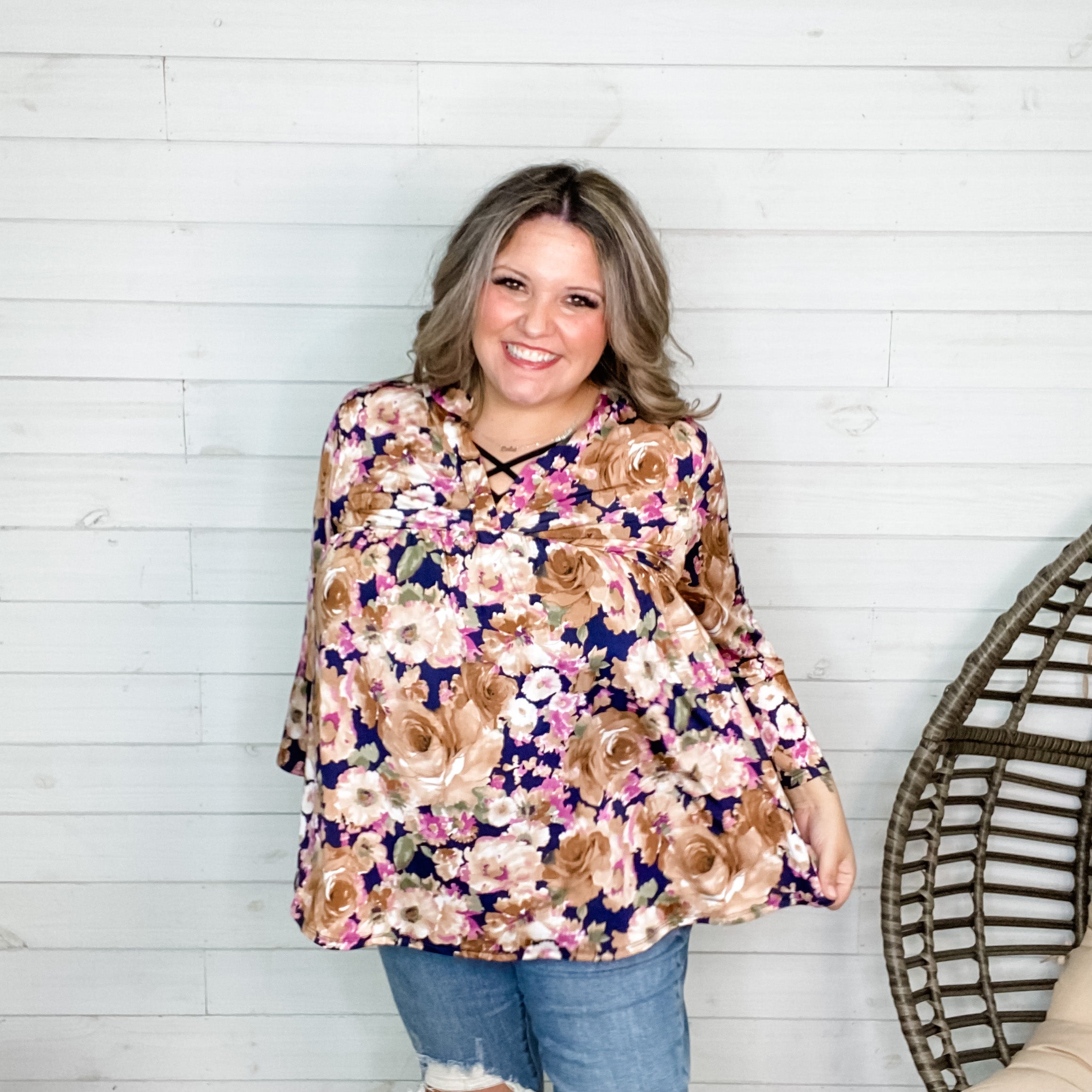 "Kinsley" Floral 3/4 Ruffle Sleeve Split Neck Babydoll-Lola Monroe Boutique