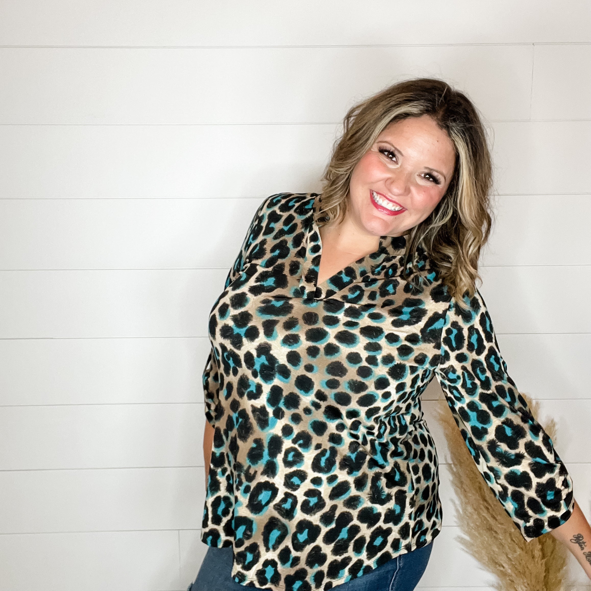 "Lair" Animal Print Lizzy 3/4 Sleeve Split Neck-Lola Monroe Boutique