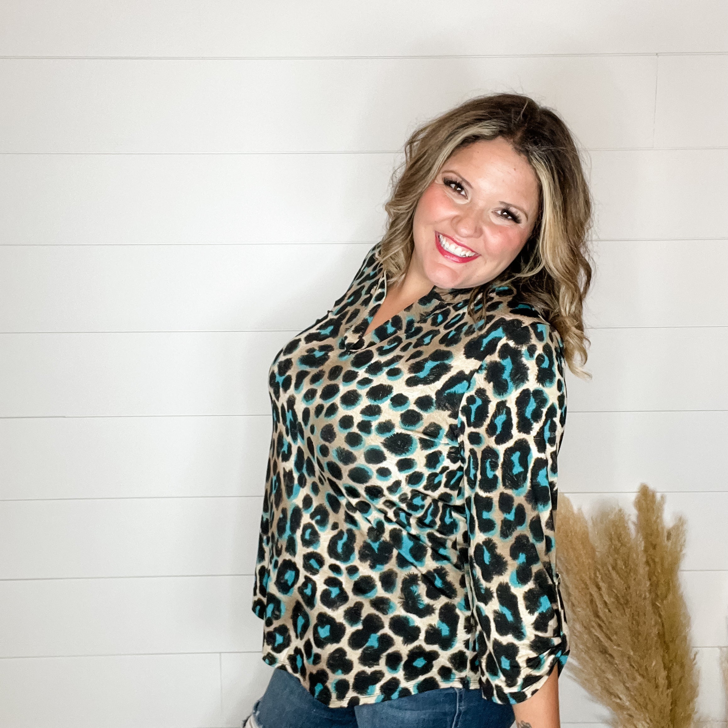 "Lair" Animal Print Lizzy 3/4 Sleeve Split Neck-Lola Monroe Boutique