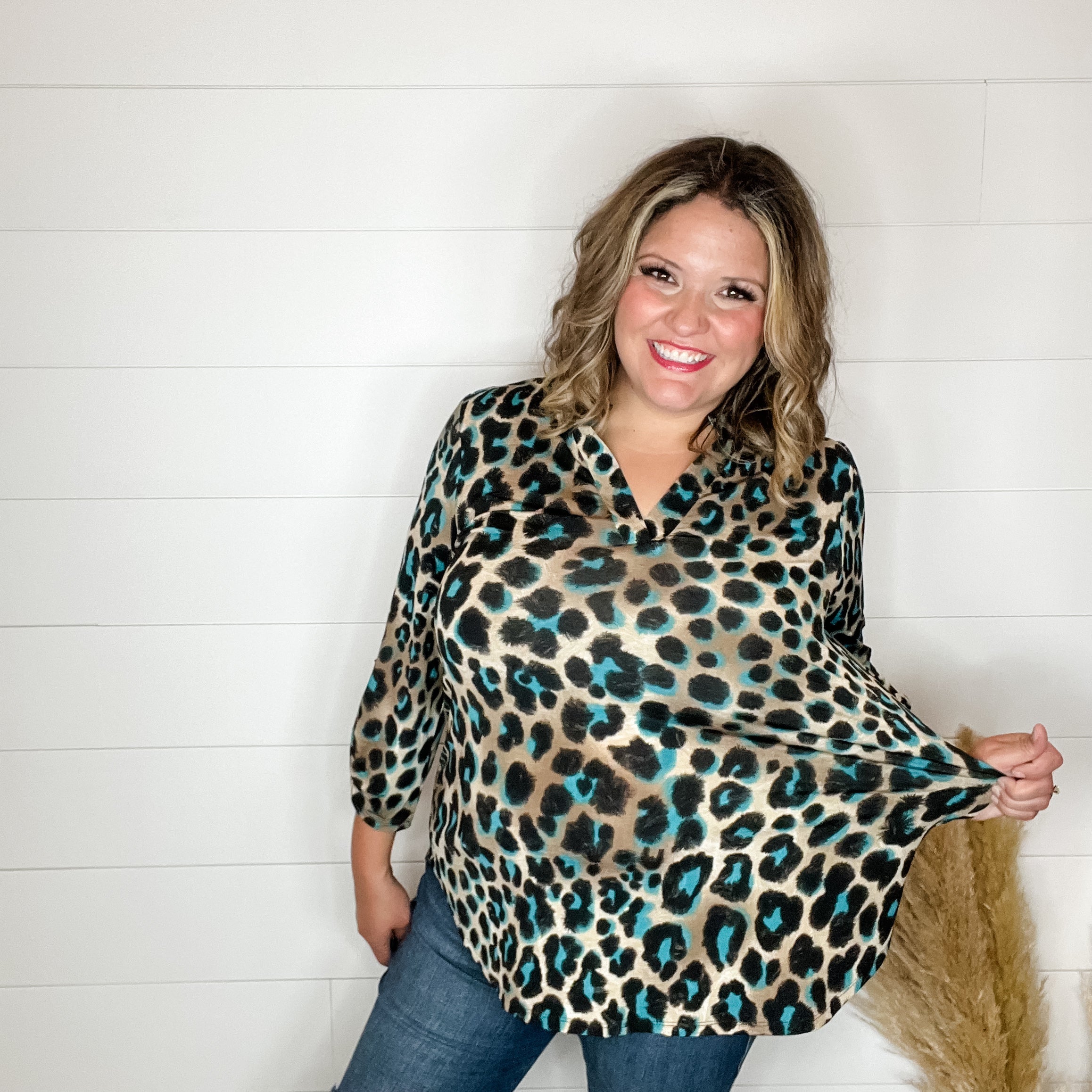 "Lair" Animal Print Lizzy 3/4 Sleeve Split Neck-Lola Monroe Boutique