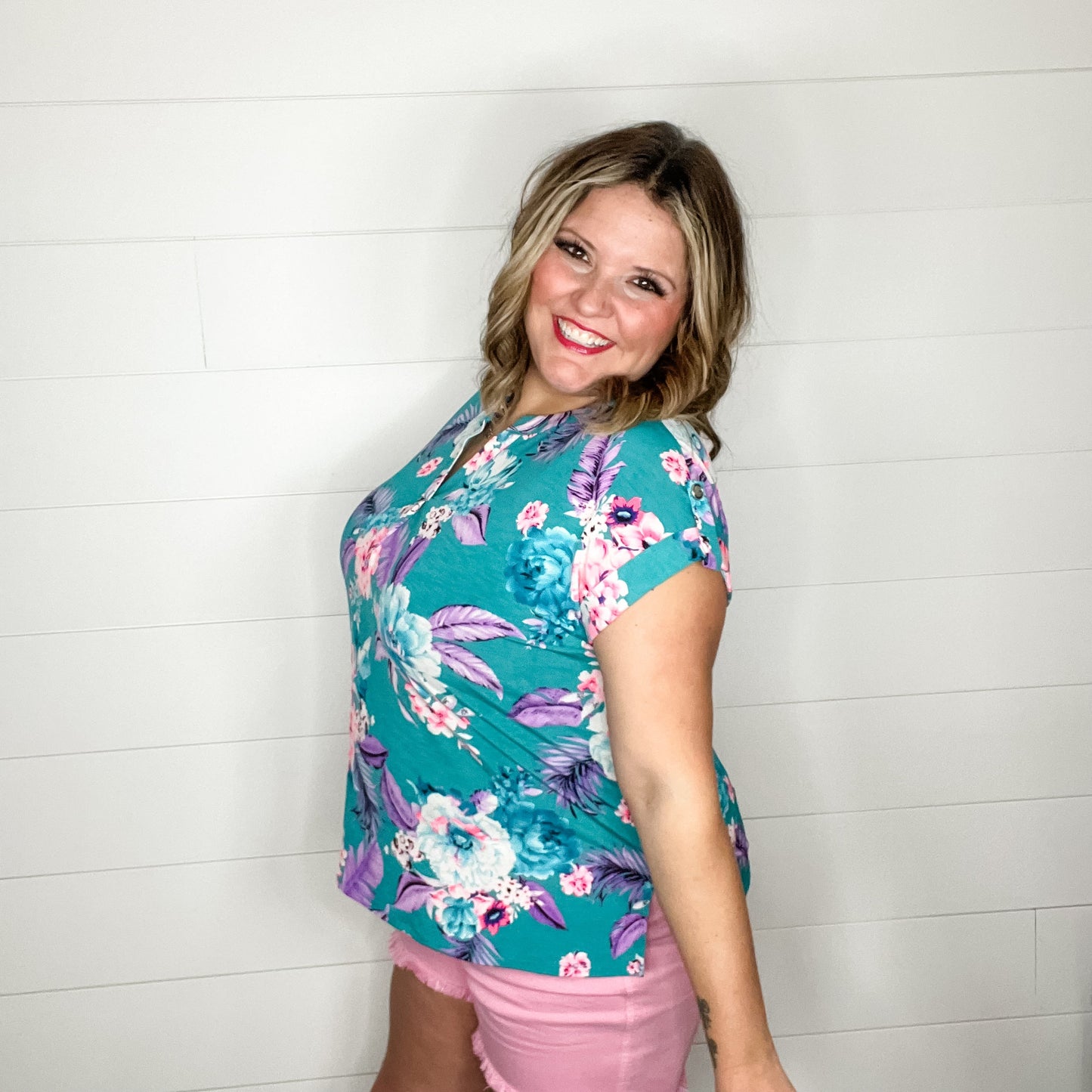 "Landon" Floral Split Neck Cuffed Short Sleeve