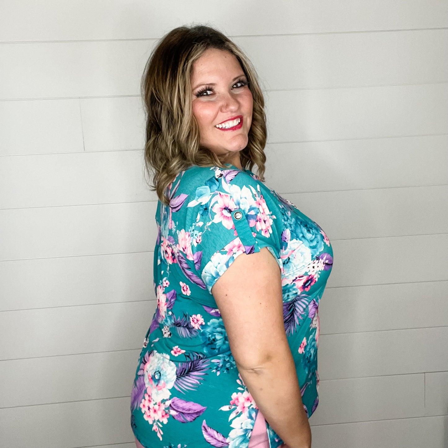 "Landon" Floral Split Neck Cuffed Short Sleeve