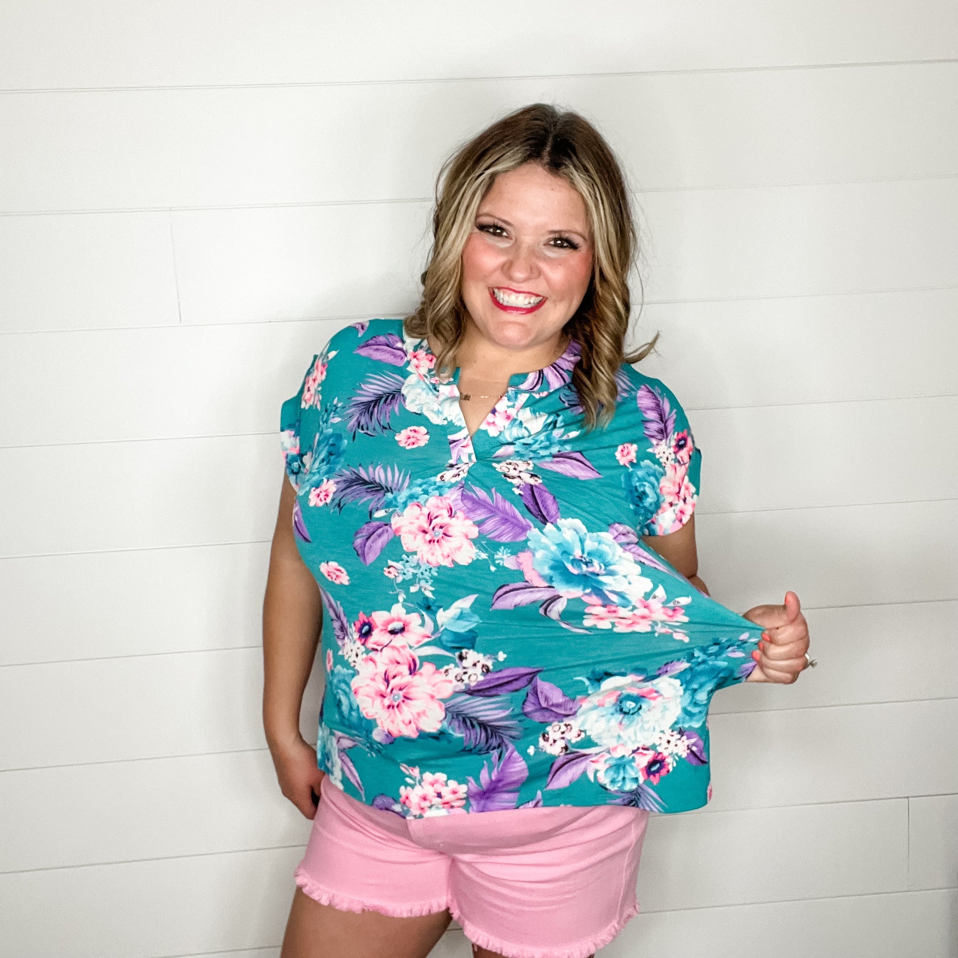"Landon" Floral Split Neck Cuffed Short Sleeve