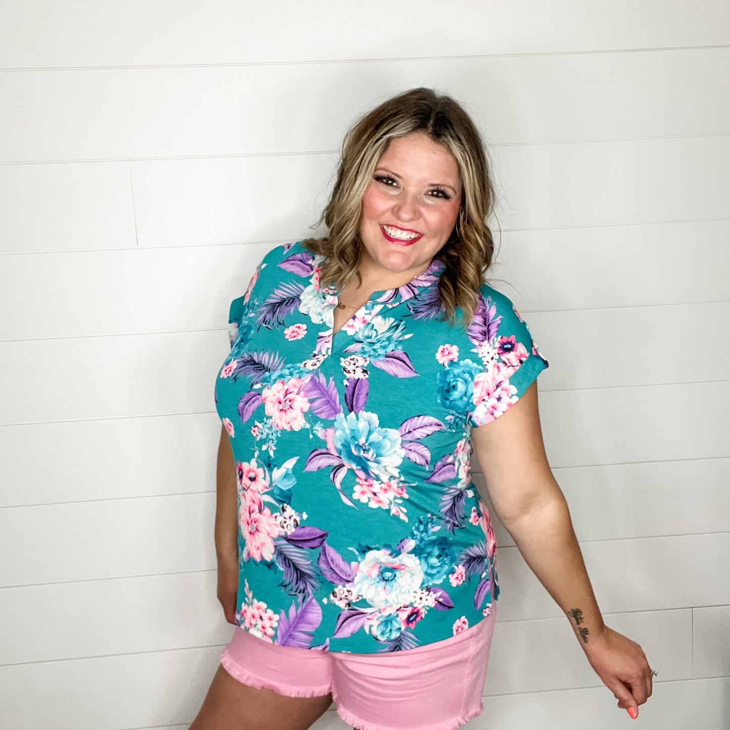 "Landon" Floral Split Neck Cuffed Short Sleeve
