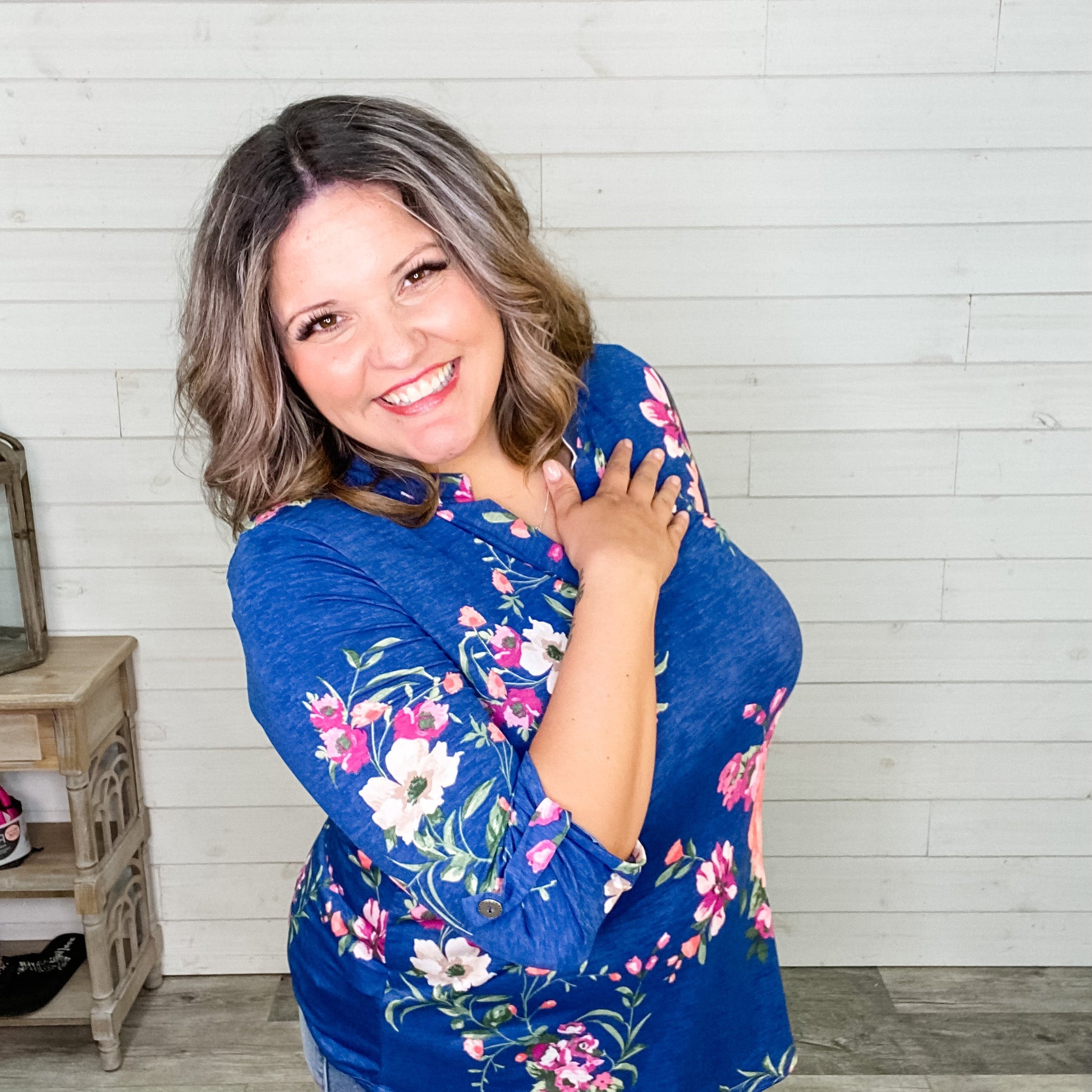 "Lauren" Floral Lizzy 3/4 Sleeve Split Neck
