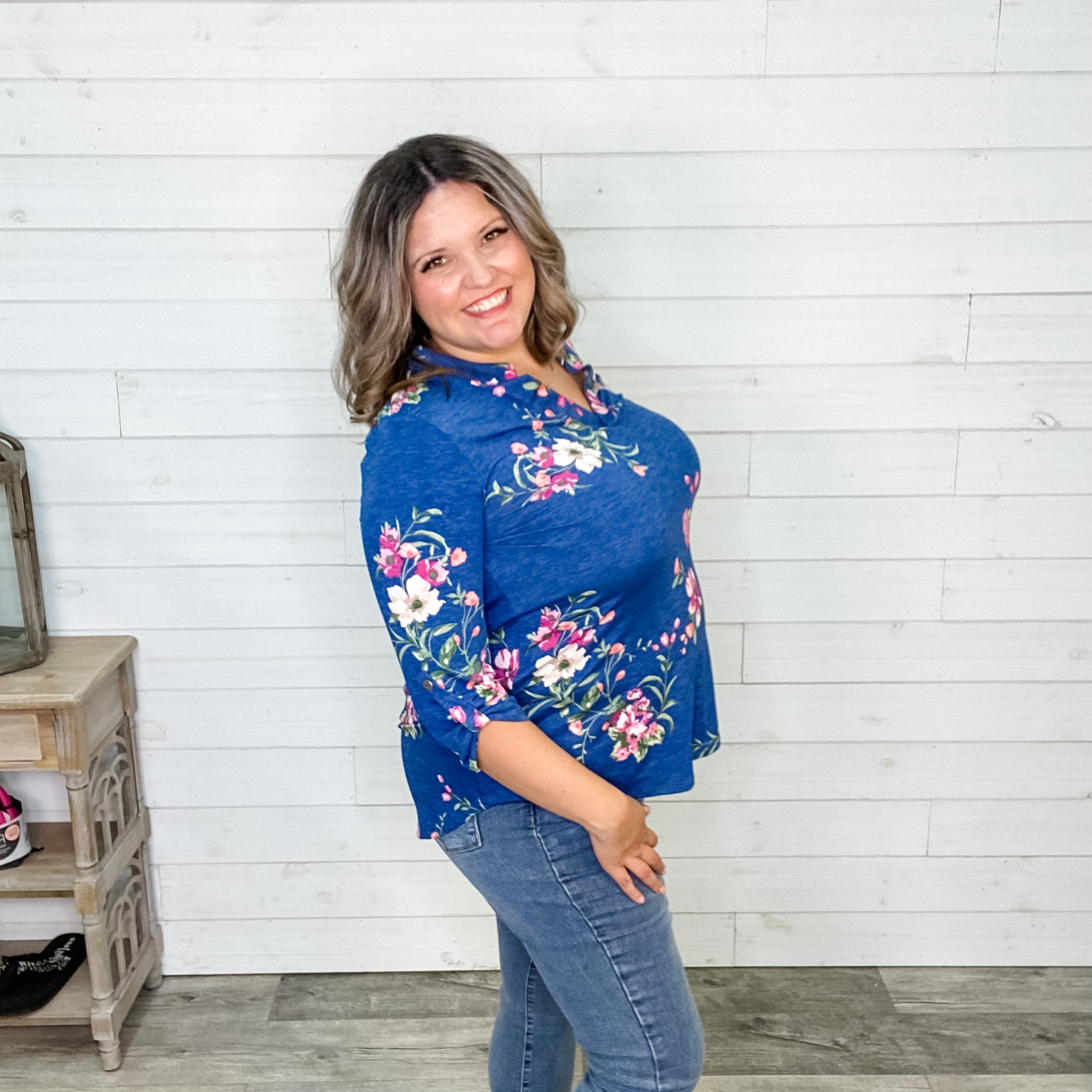 "Lauren" Floral Lizzy 3/4 Sleeve Split Neck-Lola Monroe Boutique