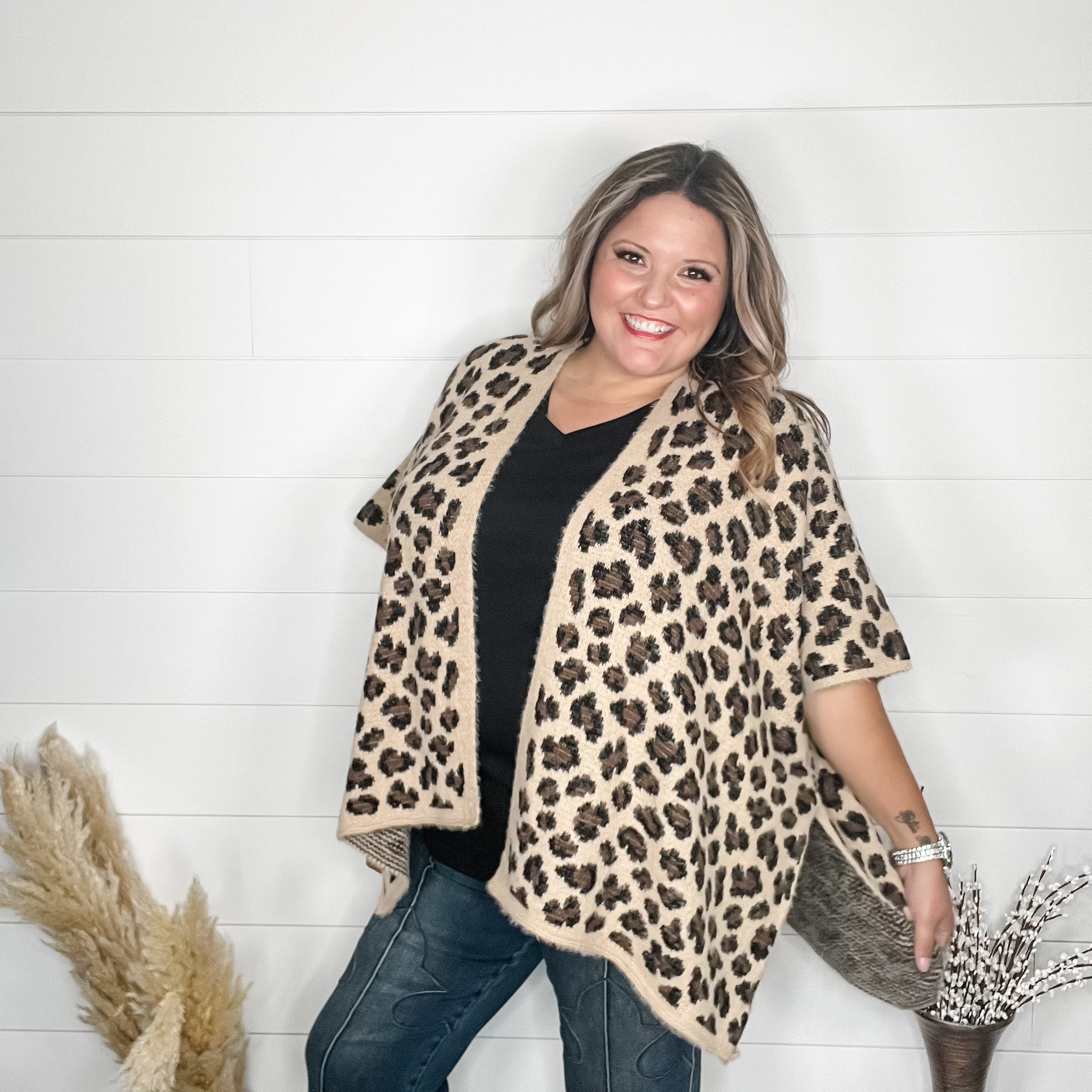 Leopard Pattern Kimono Sweater (Beige)-Lola Monroe Boutique