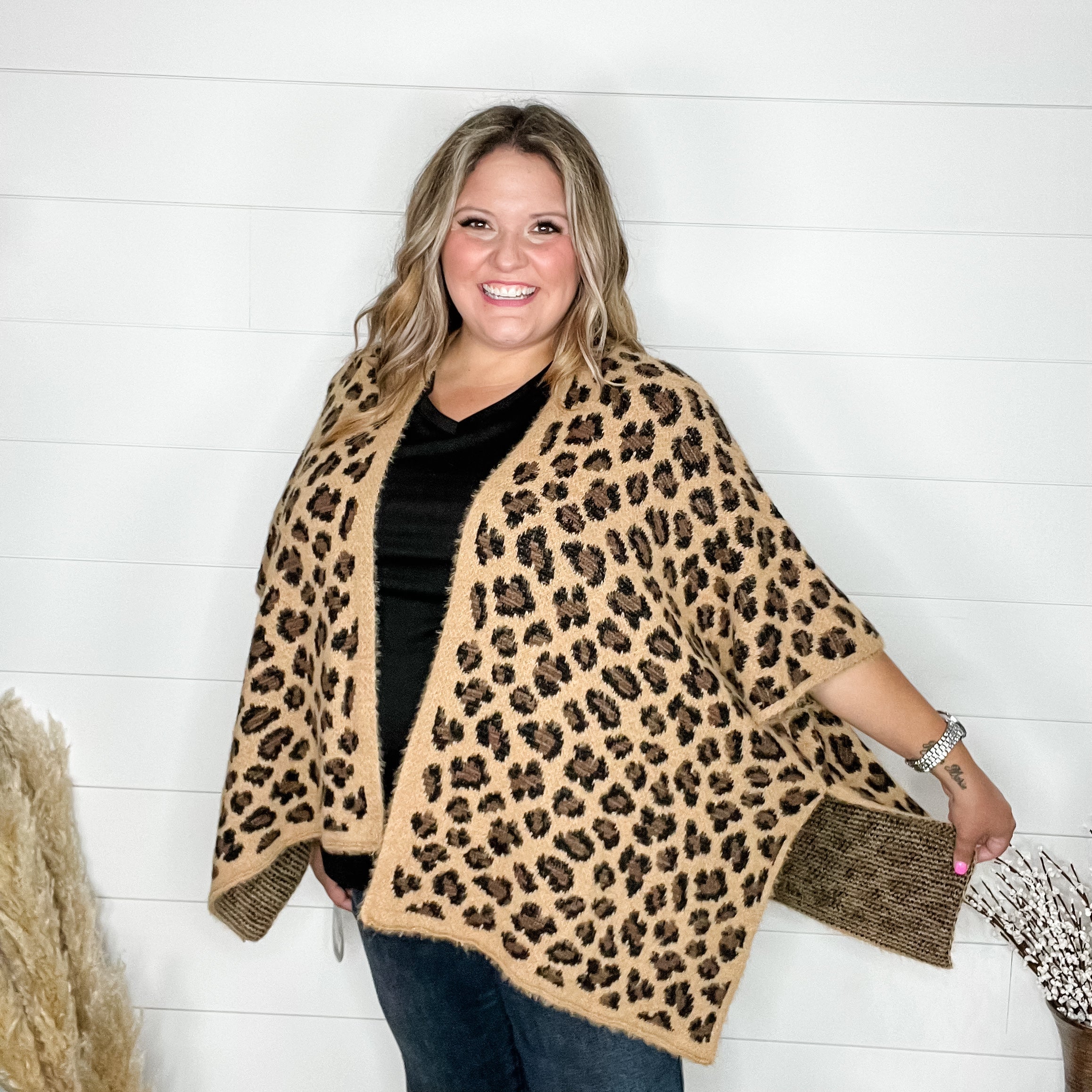 Leopard Pattern Kimono Sweater (Camel)-Lola Monroe Boutique