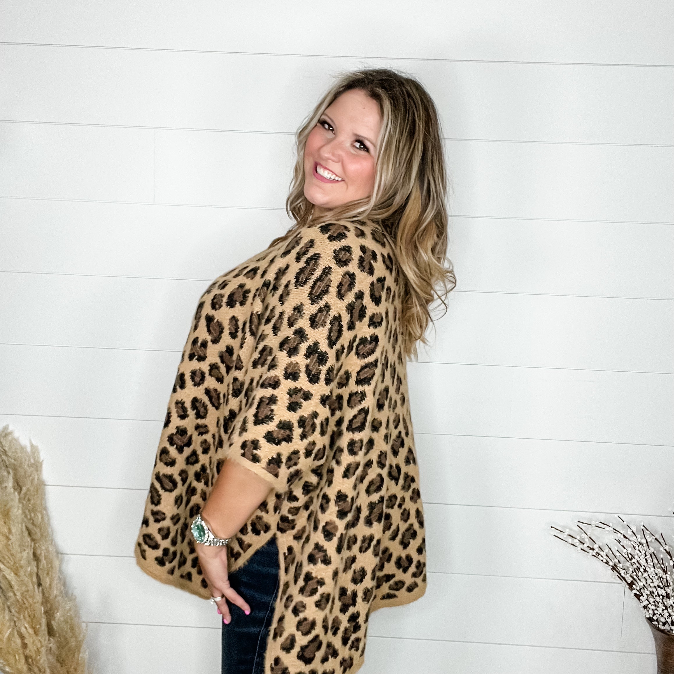 Leopard Pattern Kimono Sweater (Camel)-Lola Monroe Boutique