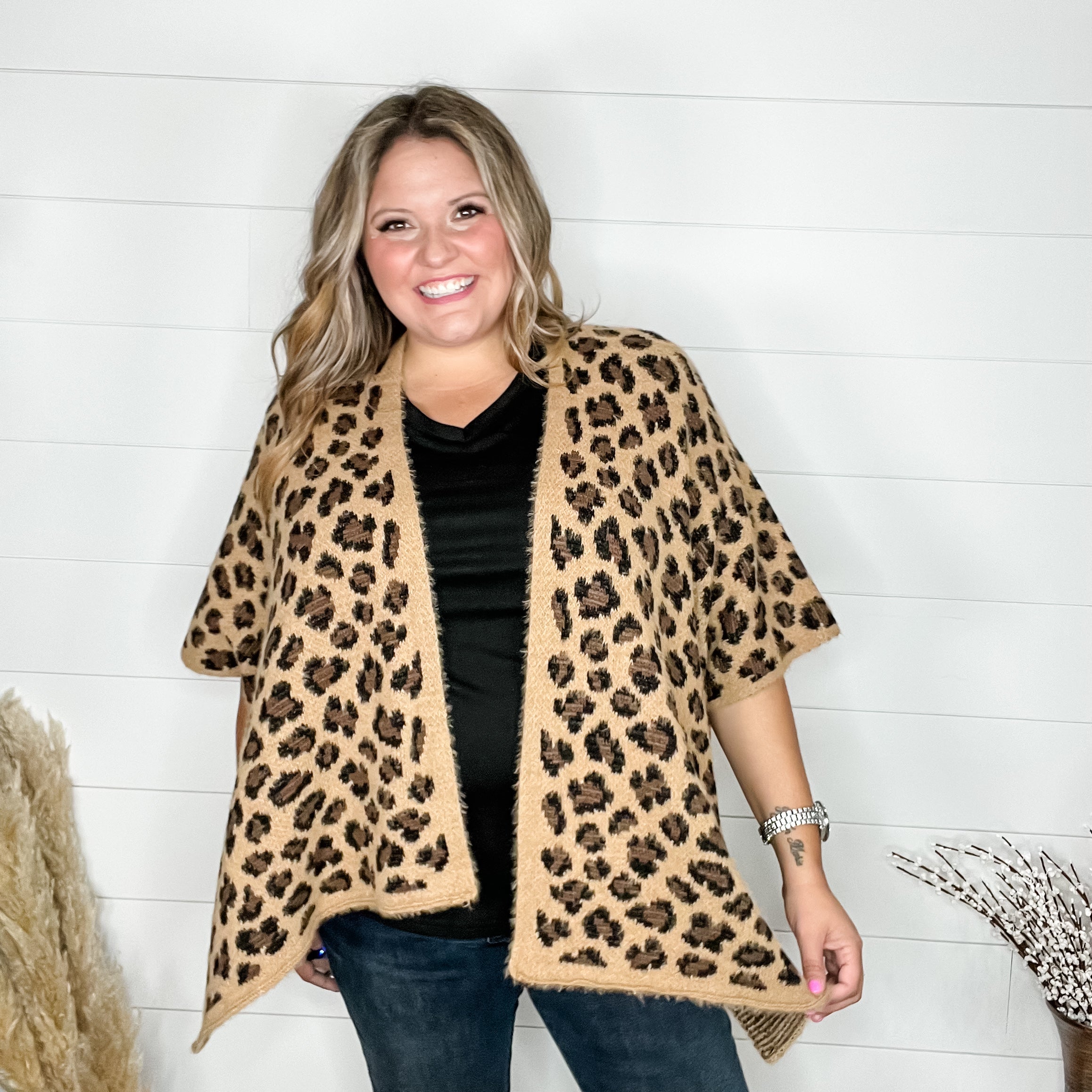 Leopard Pattern Kimono Sweater (Camel)-Lola Monroe Boutique