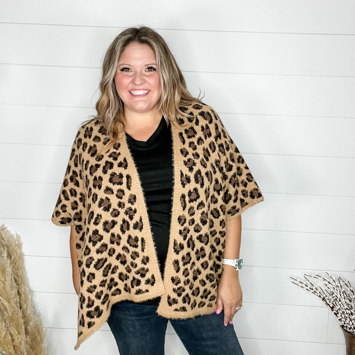 Leopard Pattern Kimono Sweater (Camel)-Lola Monroe Boutique