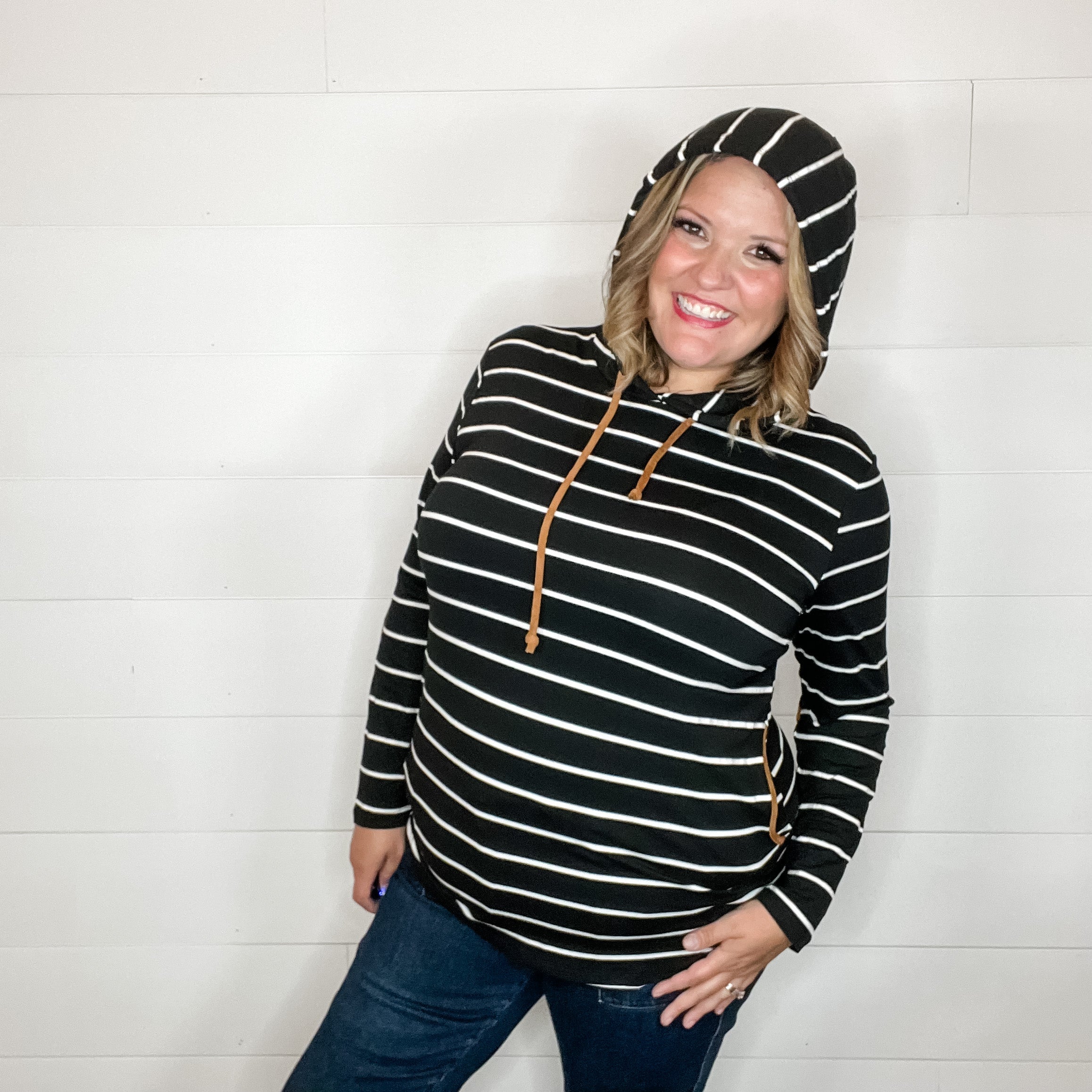 "Libby" Striped Hoodie with Faux Suede Elbow Patches-Lola Monroe Boutique