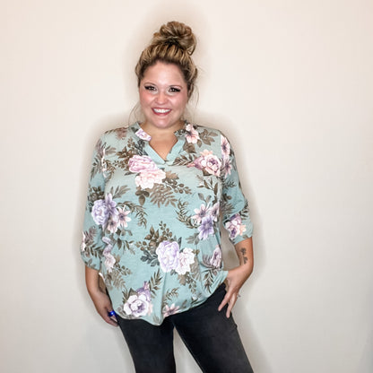 "Lifespan" Floral Split Neck Lizzy 3/4 Sleeve Split Neck (Sage)