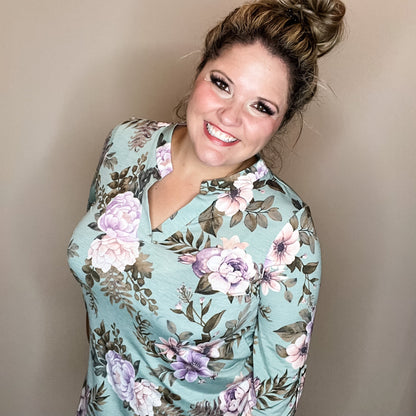 "Lifespan" Floral Split Neck Lizzy 3/4 Sleeve Split Neck (Sage)
