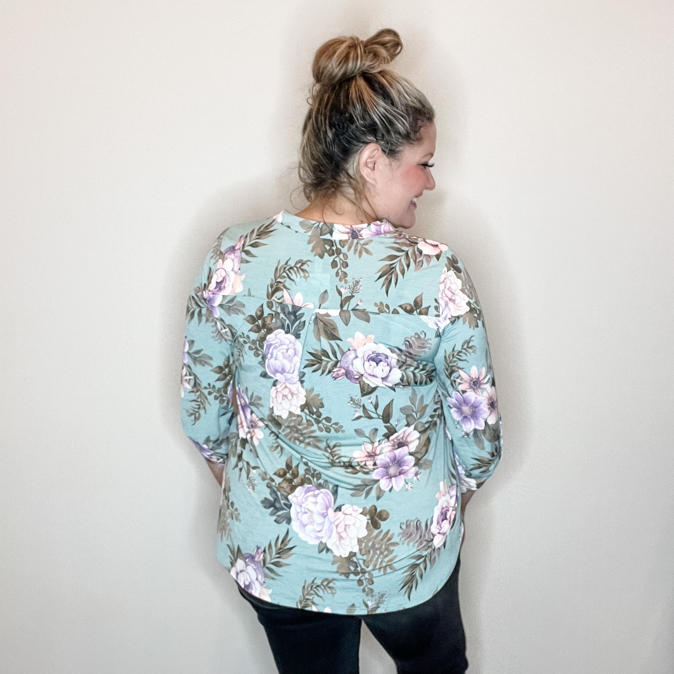 "Lifespan" Floral Split Neck Lizzy 3/4 Sleeve Split Neck (Sage)-Lola Monroe Boutique