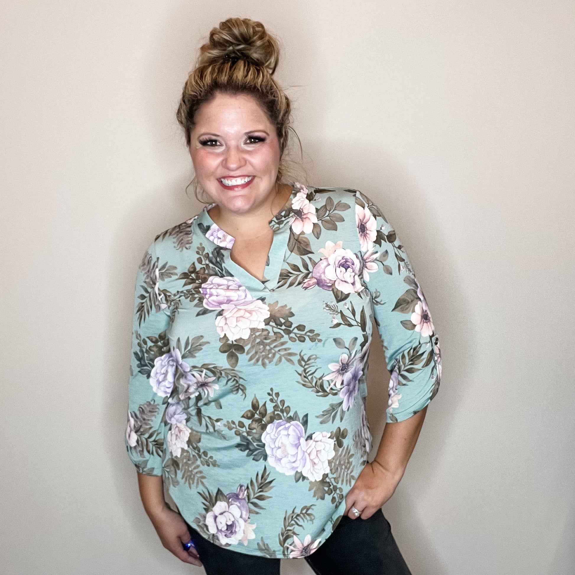 "Lifespan" Floral Split Neck Lizzy 3/4 Sleeve Split Neck (Sage)