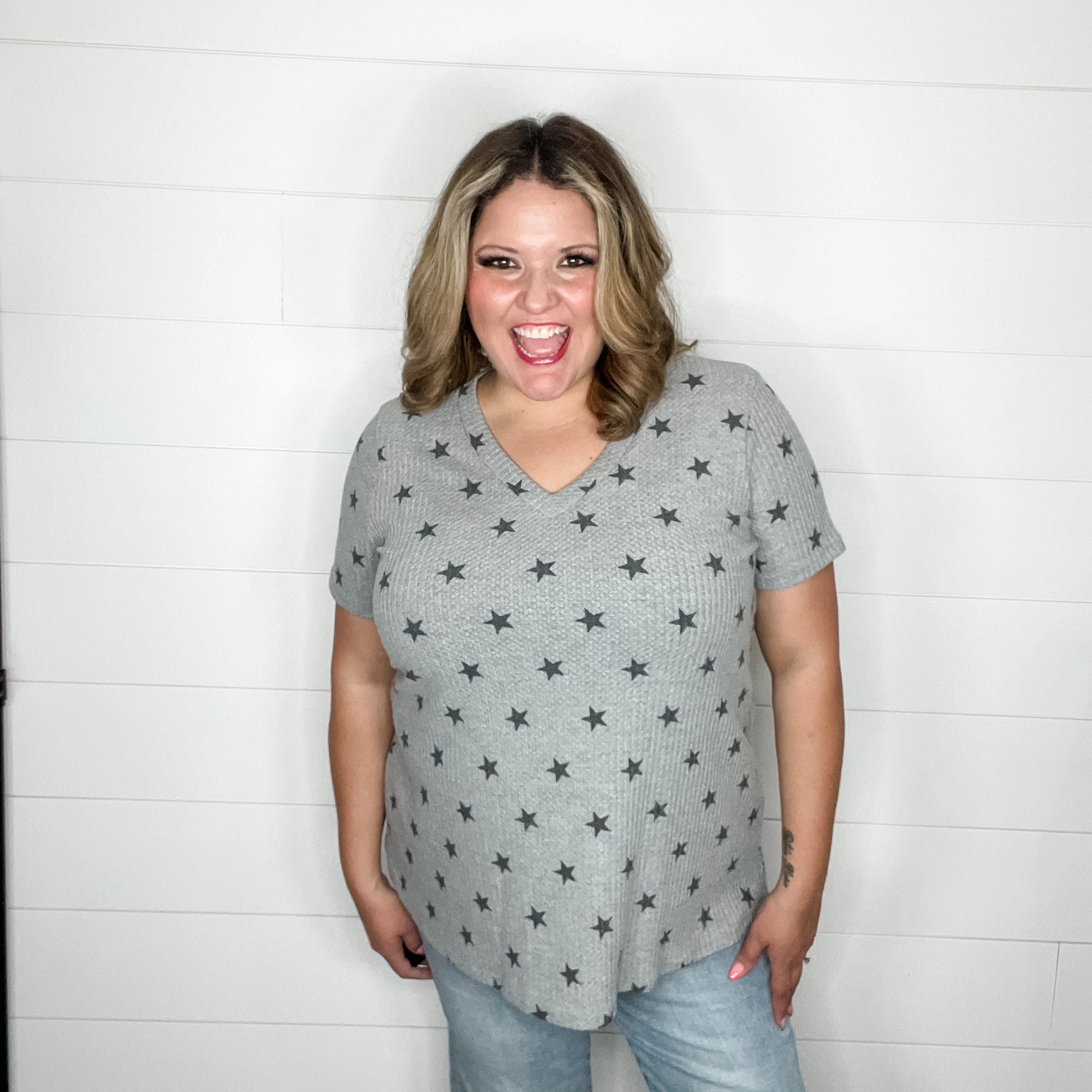 "Lift Off" Star Short Sleeve V Neck Tee