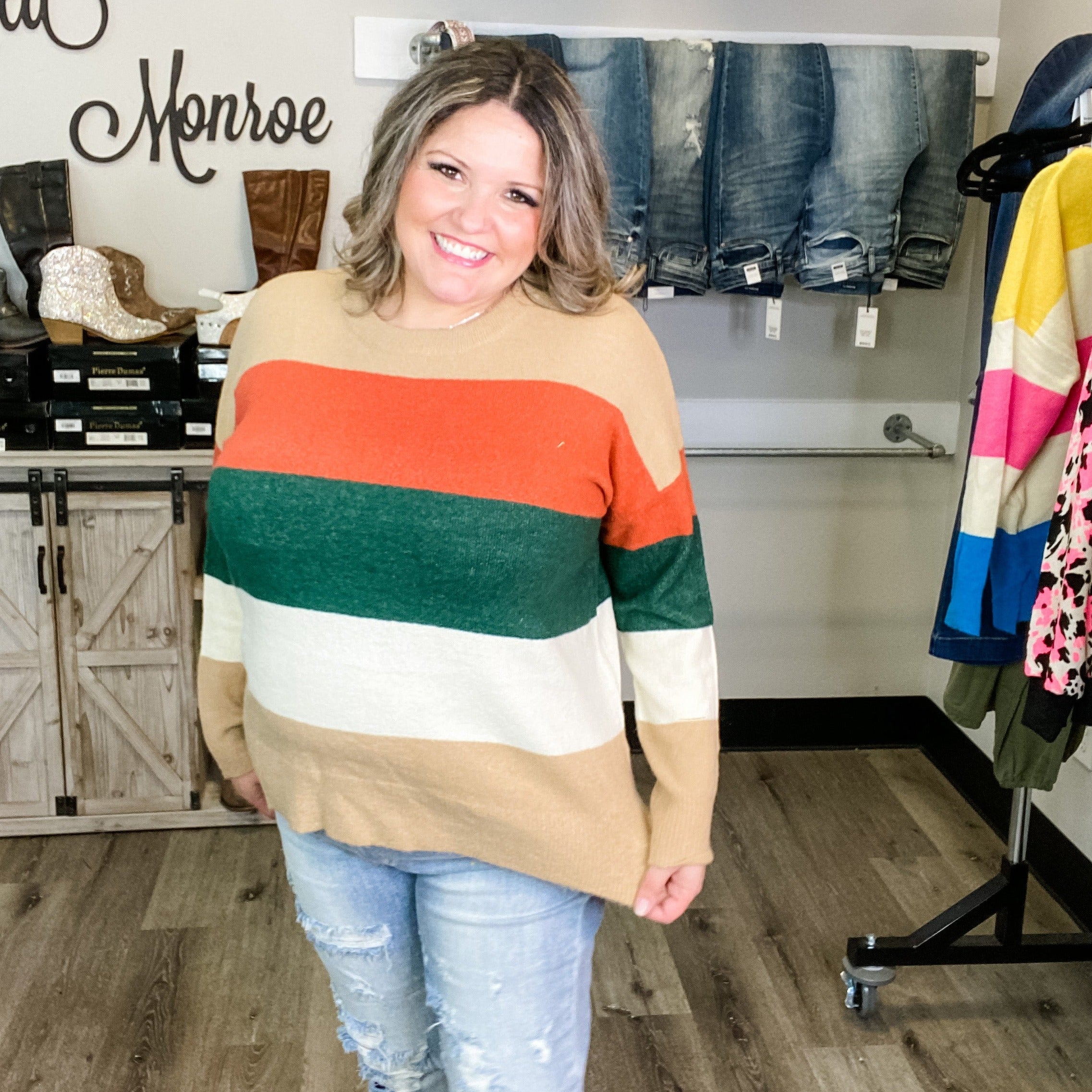 "Lindy" Long Sleeve Round Neck Stripe Sweater-Lola Monroe Boutique