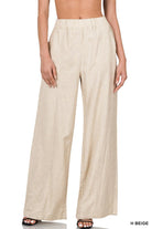 Linen Wide Leg Elastic Waist Pants with Pockets (Black and Beige)-Lola Monroe Boutique