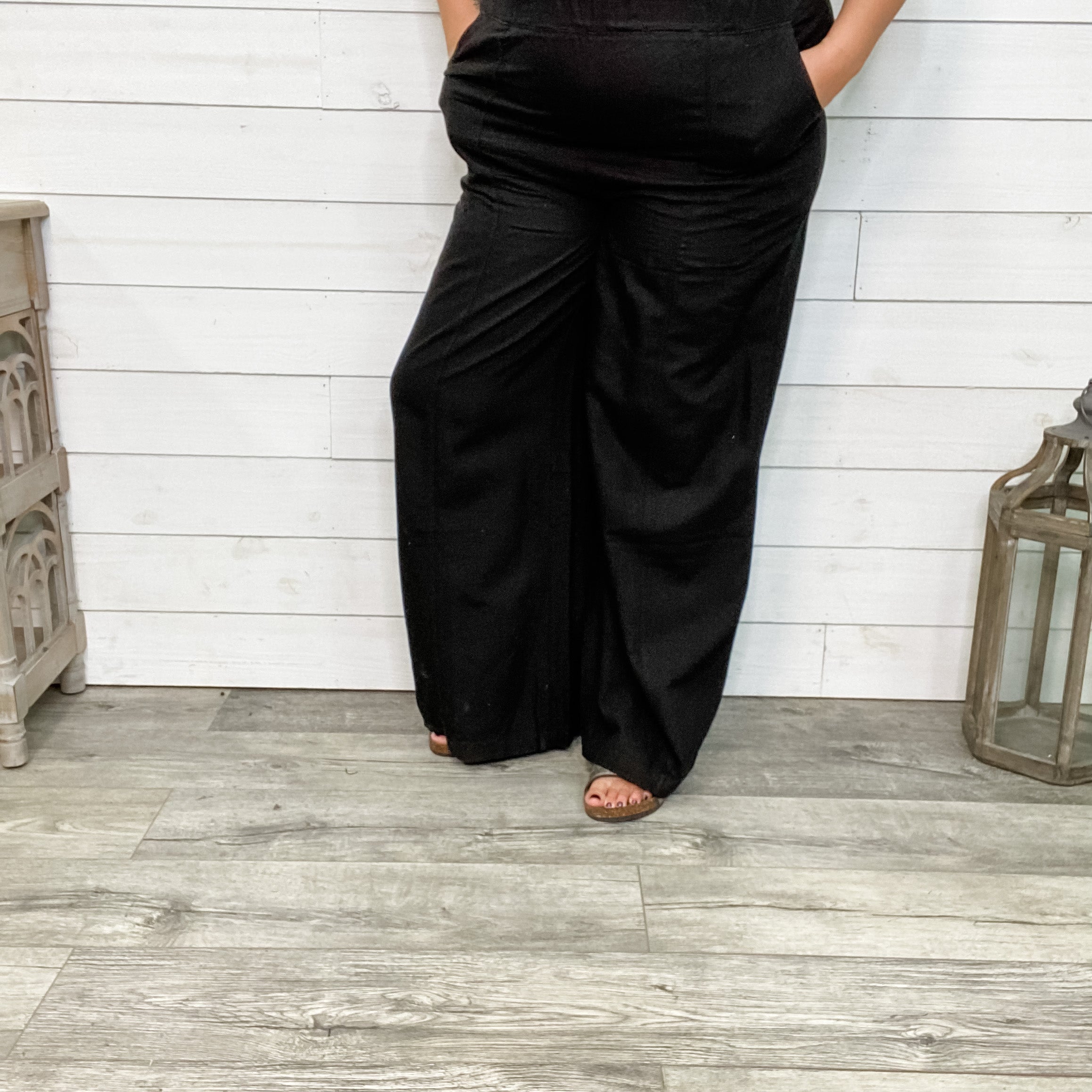 Linen Wide Leg Elastic Waist Pants with Pockets (Black and Beige)-Lola Monroe Boutique