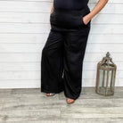 Linen Wide Leg Elastic Waist Pants with Pockets (Black and Beige)-Lola Monroe Boutique