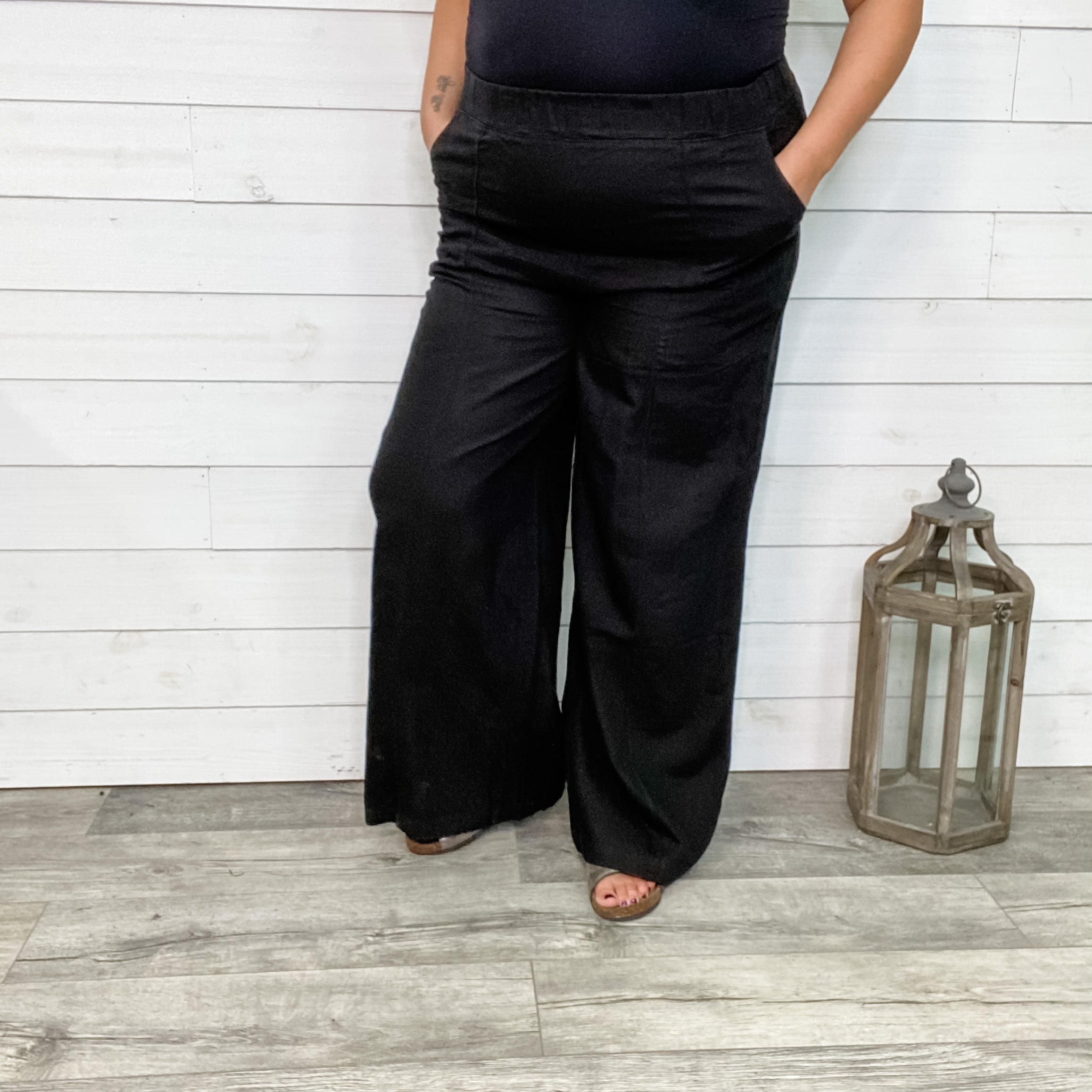 Linen Wide Leg Elastic Waist Pants with Pockets (Black and Beige)-Lola Monroe Boutique