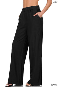 Linen Wide Leg Elastic Waist Pants with Pockets (Black and Beige)-Lola Monroe Boutique