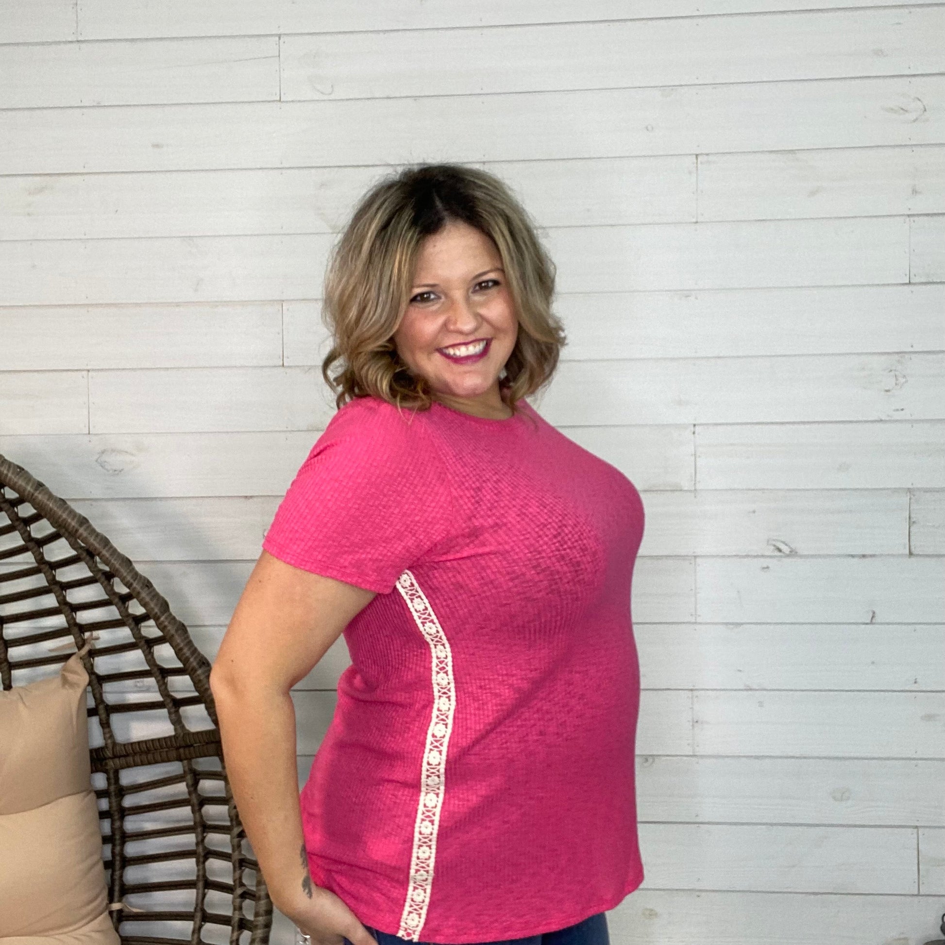 "Lissette" Short Sleeve Round Neck with Crochet Detail