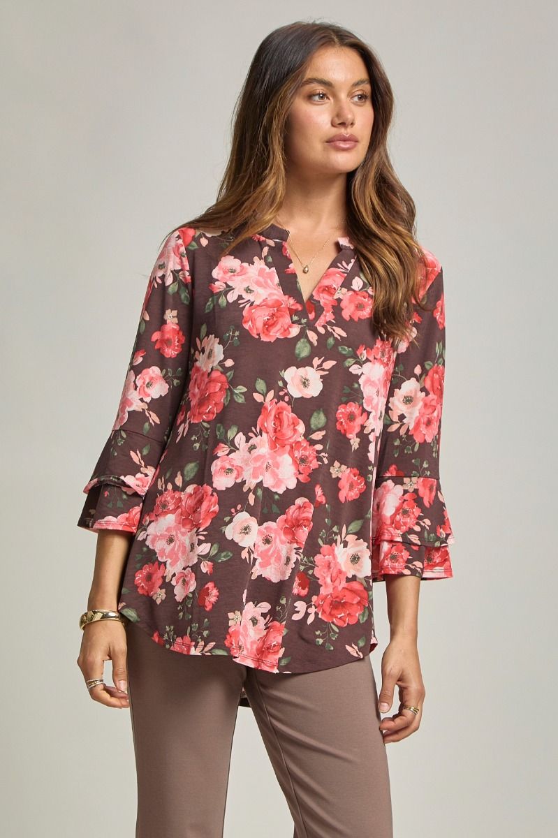 "Gallium" Tiered Bell Sleeve Split Neck