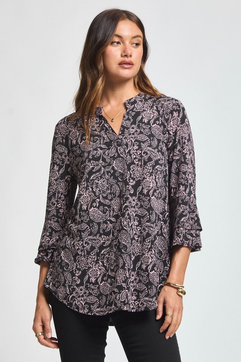 Dear Scarlett "Rhodium" Tiered Bell Sleeve Split Neck