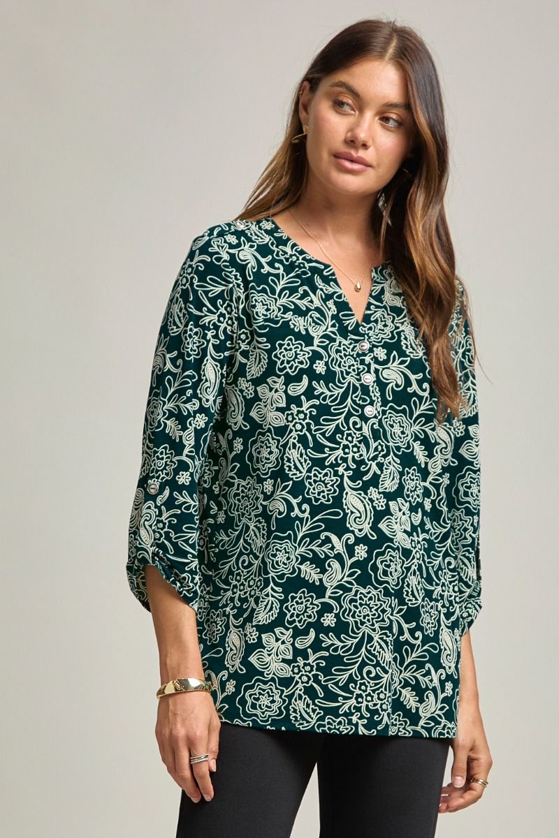 Dear Scarlett "Wilderness" 3/4 Sleeve Button Front Lizzy Luxe