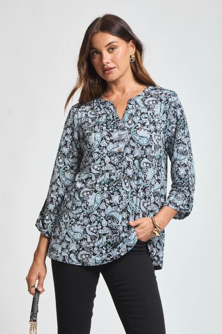 "Split Second" 3/4 Sleeve Button Front Split Neck