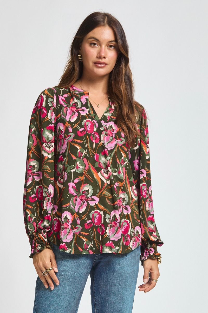 "Zinc" Smocked Wrist Long Sleeve Split Neck