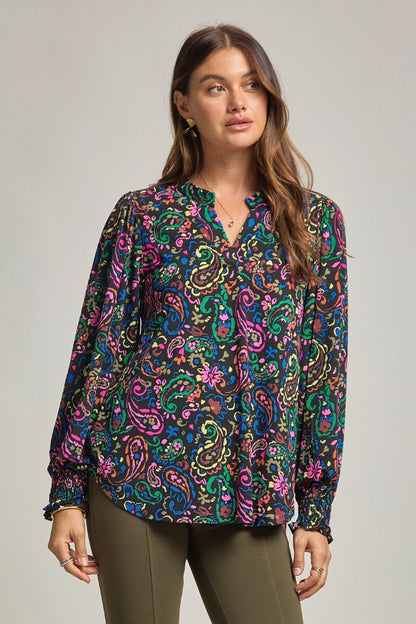 "Tungsten" Smocked Wrist Long Sleeve Split Neck