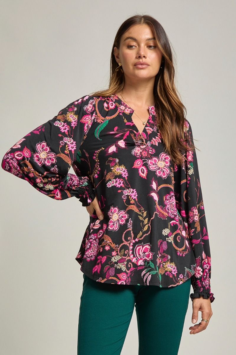 "Anniston" Smocked Wrist Long Sleeve Split Neck