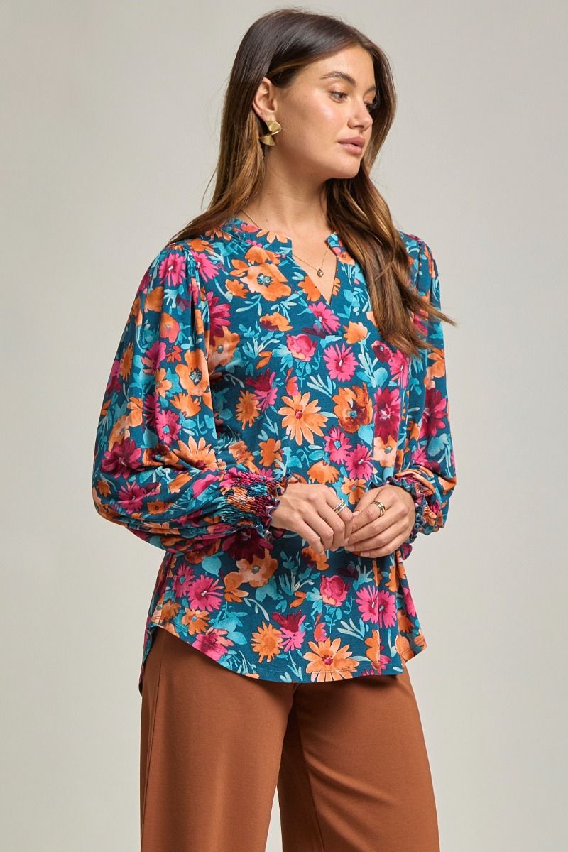 "Bates" Smocked Wrist Long Sleeve Split Neck