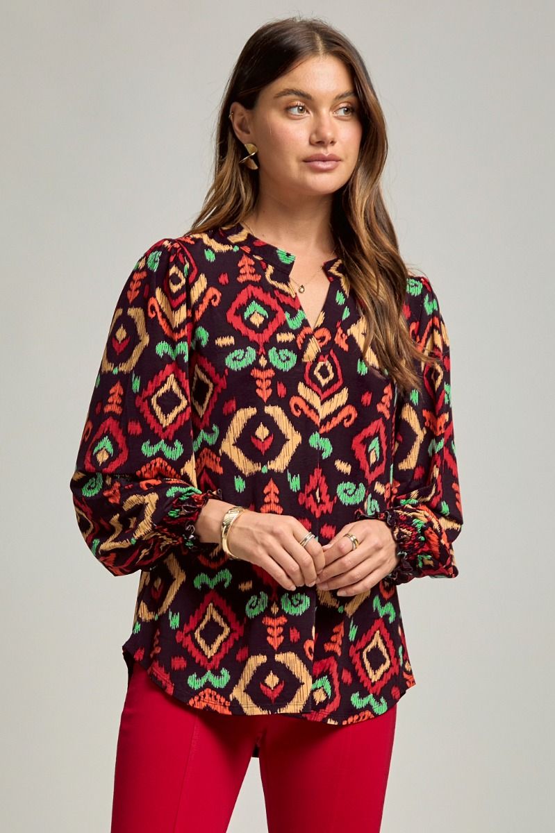 "Conway" Smocked Wrist Long Sleeve Split Neck