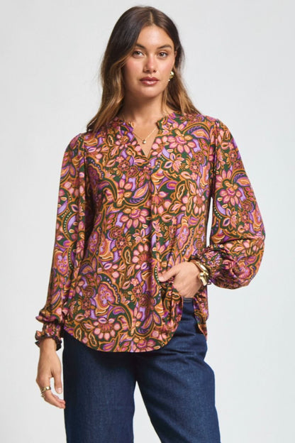 "Benton" Smocked Wrist Long Sleeve Split Neck