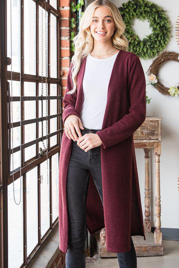 Long Sleeve Calf Length Cardigan (Burgundy)-Lola Monroe Boutique