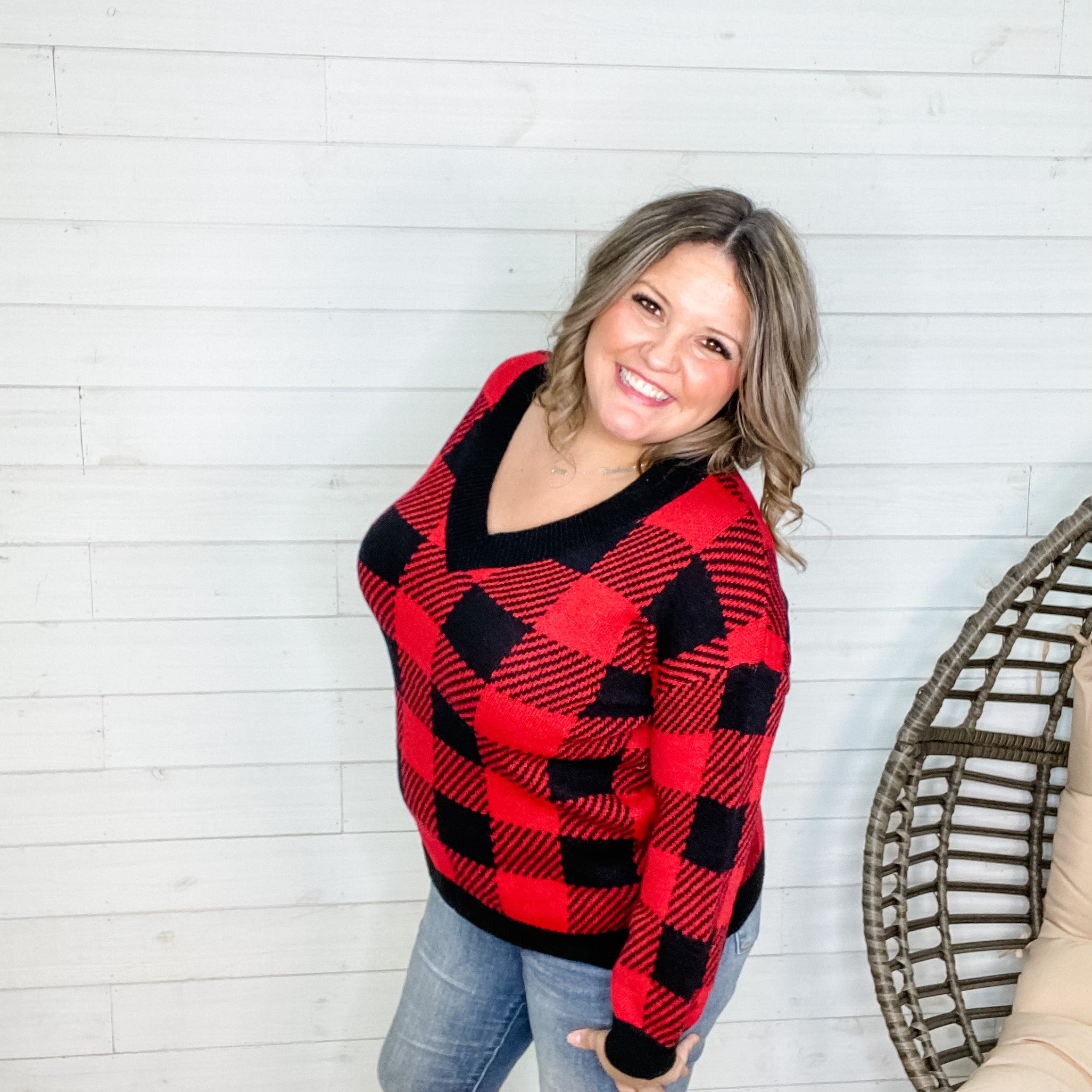 Long Sleeve Checkered V Neck Sweater (Black & Red)-Lola Monroe Boutique