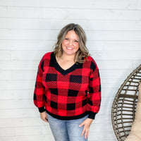 Long Sleeve Checkered V Neck Sweater (Black & Red)-Lola Monroe Boutique