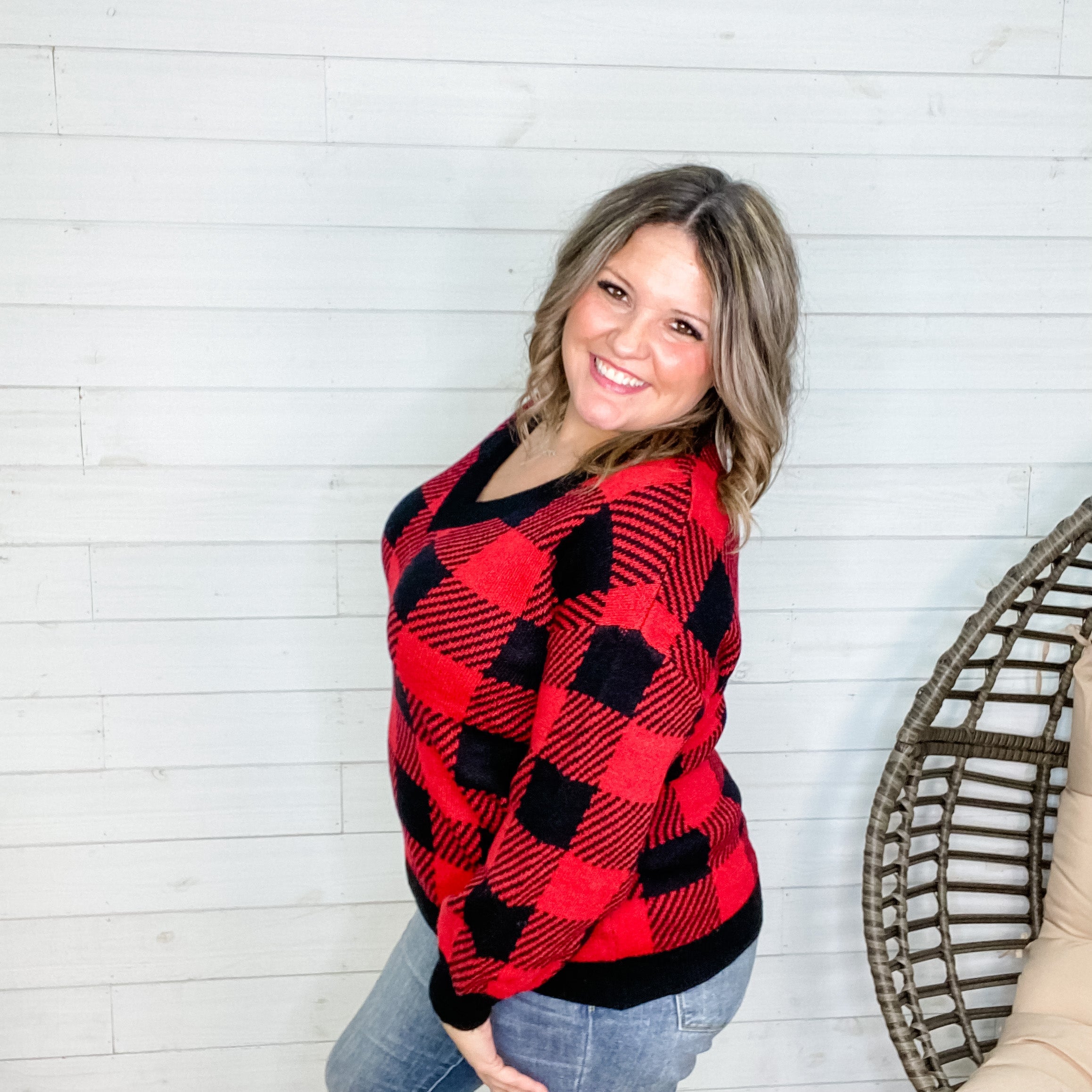 Long Sleeve Checkered V Neck Sweater (Black & Red)-Lola Monroe Boutique