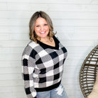 Long Sleeve Checkered V Neck Sweater (Black & White)-Lola Monroe Boutique